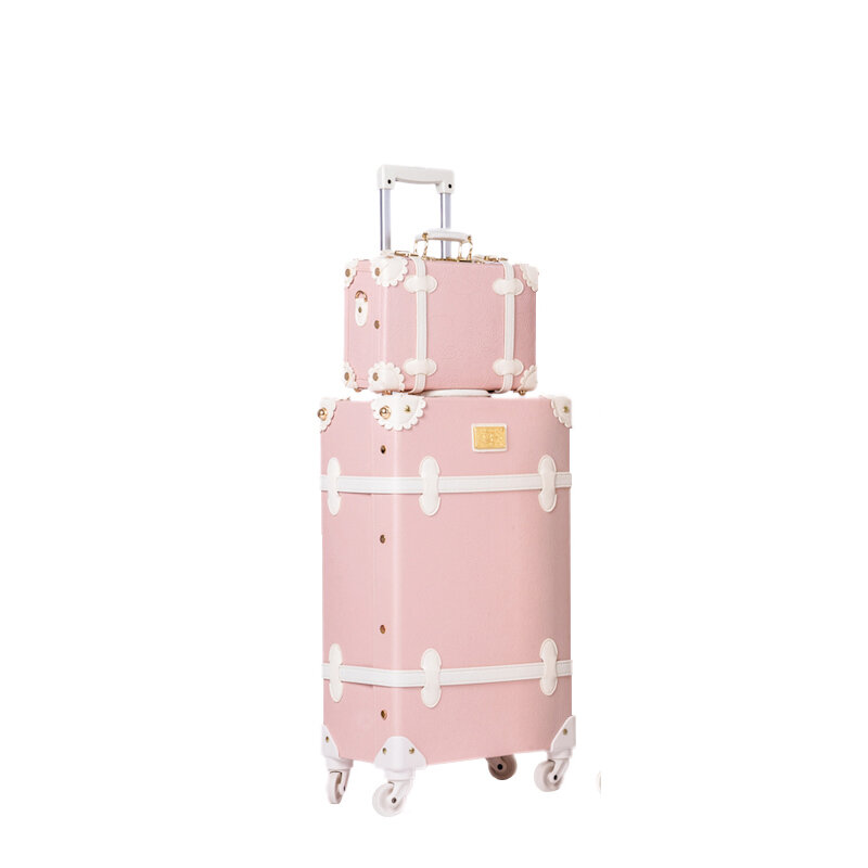 BeaSumore Retro Pink PU Leather Rolling Luggage Set Spinner Suitcase Wheel Vintage Cabin Trolley Women's Handbag Travel Bag