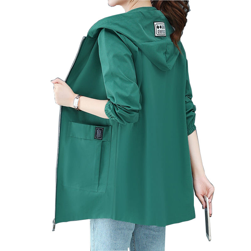 Women's 2022 Autumn Solid Windbreaker Jacket New Fashion Mid-length Big Pocket Coat Windproof Loose Oversize Hooded Zipper