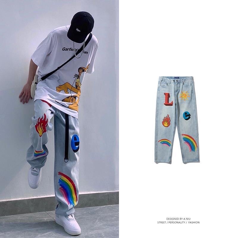 2022 calças de brim arco-íris graffiti impressão lavado calças de brim marca de maré larga-perna reta solta all-match calças de rua hip-hop