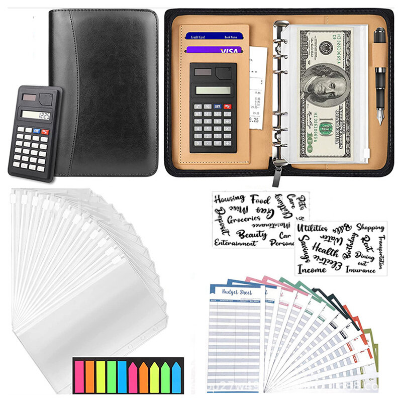 Carpeta de cuero sintético para negocios, organizador de sobre de efectivo con cremallera transparente, hojas de presupuesto con calculadora, A6/A5