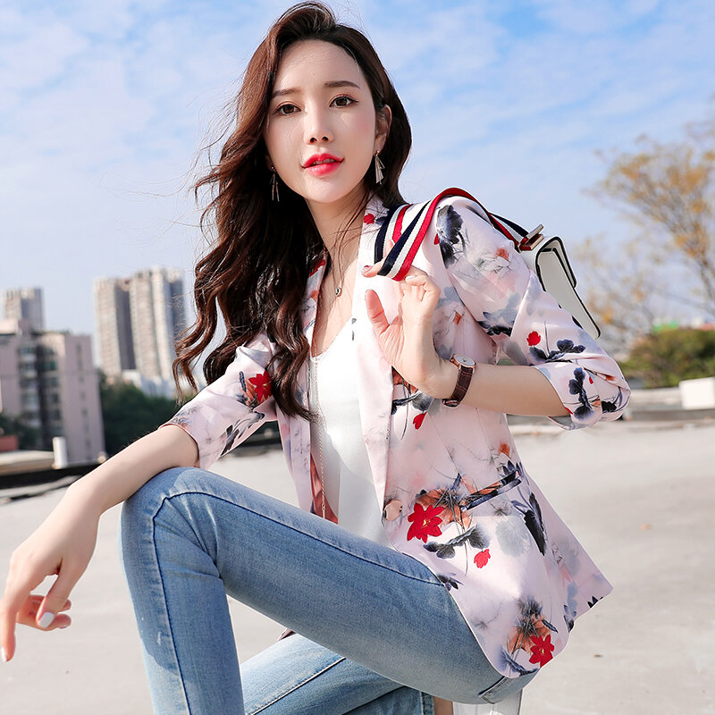 Blazer Women and Jackets 2021 Ladies tops Button Pockets Office Lady printing White Pink blazer Vintage Women Pink Tops 717D
