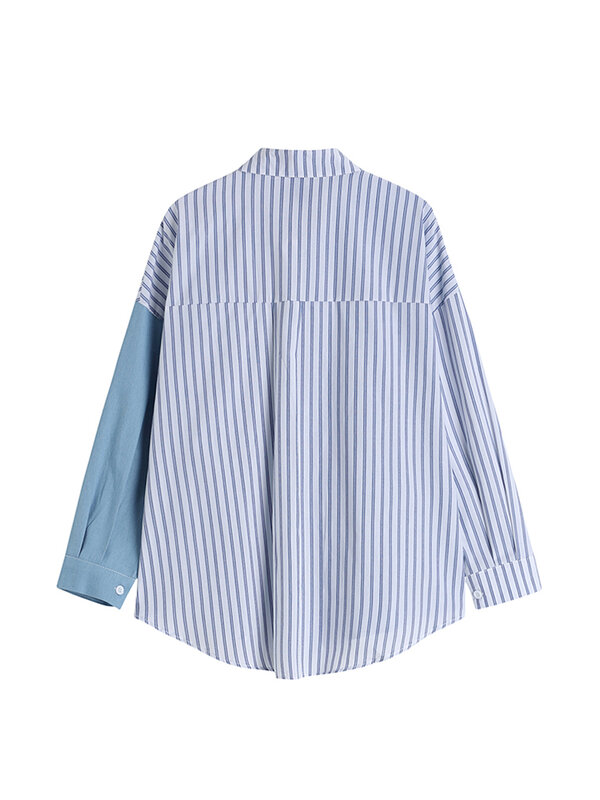 Женская уличная одежда BF парная Свободная Повседневная полосатая Лоскутная Женская рубашка в Корейском стиле блузка с отложным воротником...