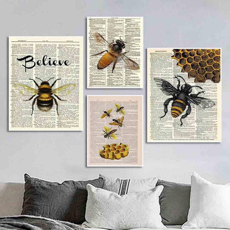 Arte Retro con impresión de insectos, lienzo de pintura, Página de Libro, avispa, póster de arte de pared, oficina, sala de estar, pasillo, decoración del hogar, mural