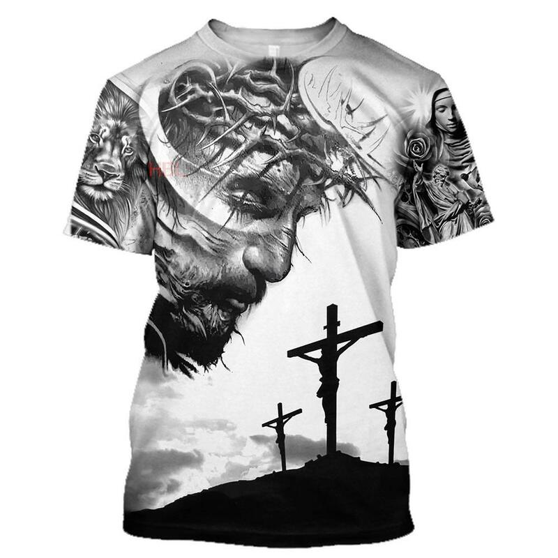 الرجال يسوع ثلاثية الأبعاد تي شيرت مطبوع س الرقبة قصيرة الأكمام قميص رجالي عادية حجم كبير