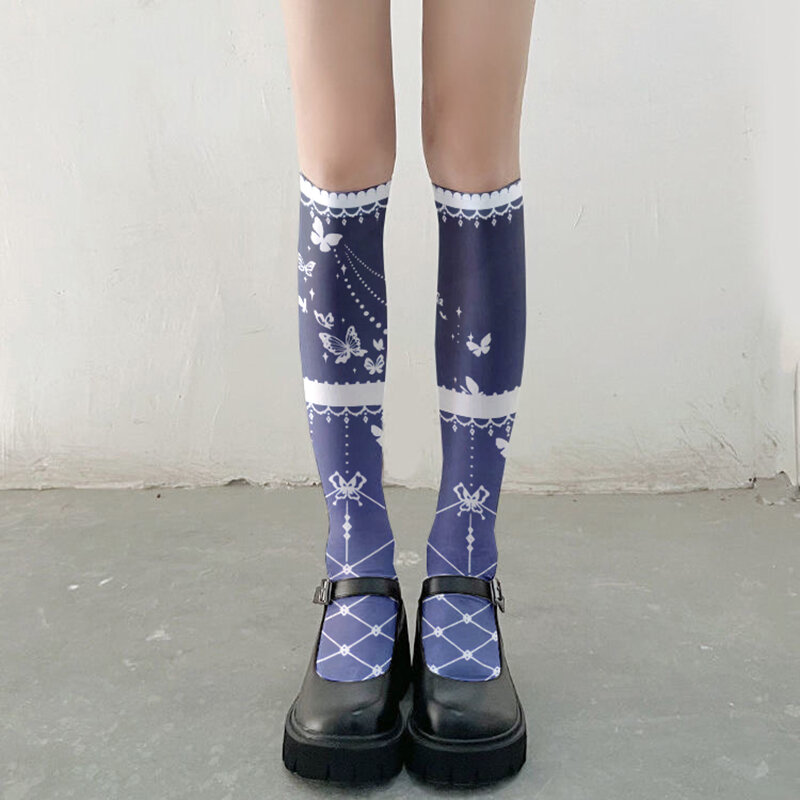 Japonês jk menina joelho-comprimento bezerro meias azul 3d impressão harajuku moda feminina meias de seda rosa doce sexy meias de náilon