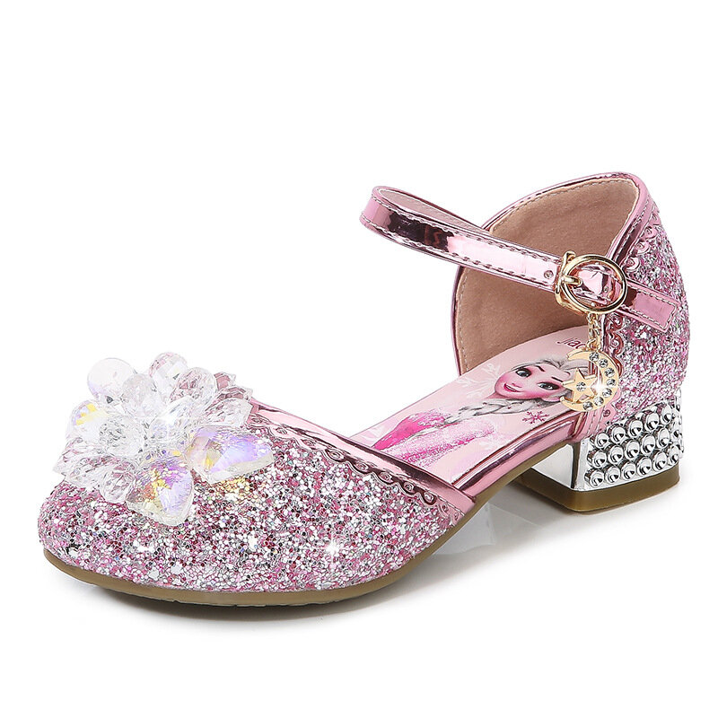 Disney-Sandalias de tacón alto de cuero para niñas, zapatos de princesa con lentejuelas, con cristales de Frozen, Anna y Elsa
