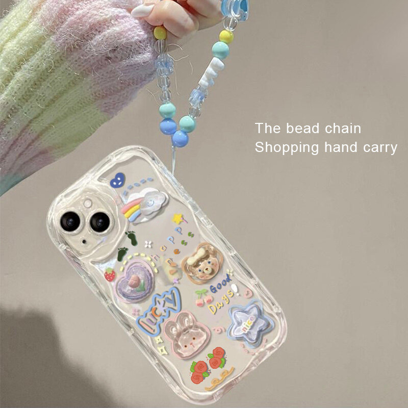 Capa de silicone transparente macia com cordão para iPhone, estilo coreano, urso, estrela, desenhos animados 3D, iPhone 14, 13, 12, 11 Pro Max, Plus, XS, XR, X