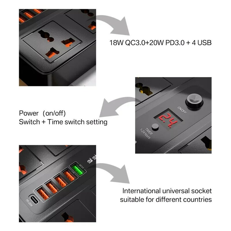 Tira de alimentación de 3000W y 6 tomas de corriente, Protector contra sobretensiones, extensión de 2 metros, enchufe eléctrico con PD3.0, QC3.0, 6 puertos USB