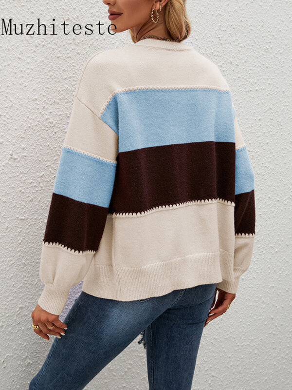 New Cardigan for Women Autumn Winter New Loose Women's Sweater Striped Color Matching Jacket Knitted Cardigan Streetwear Coats