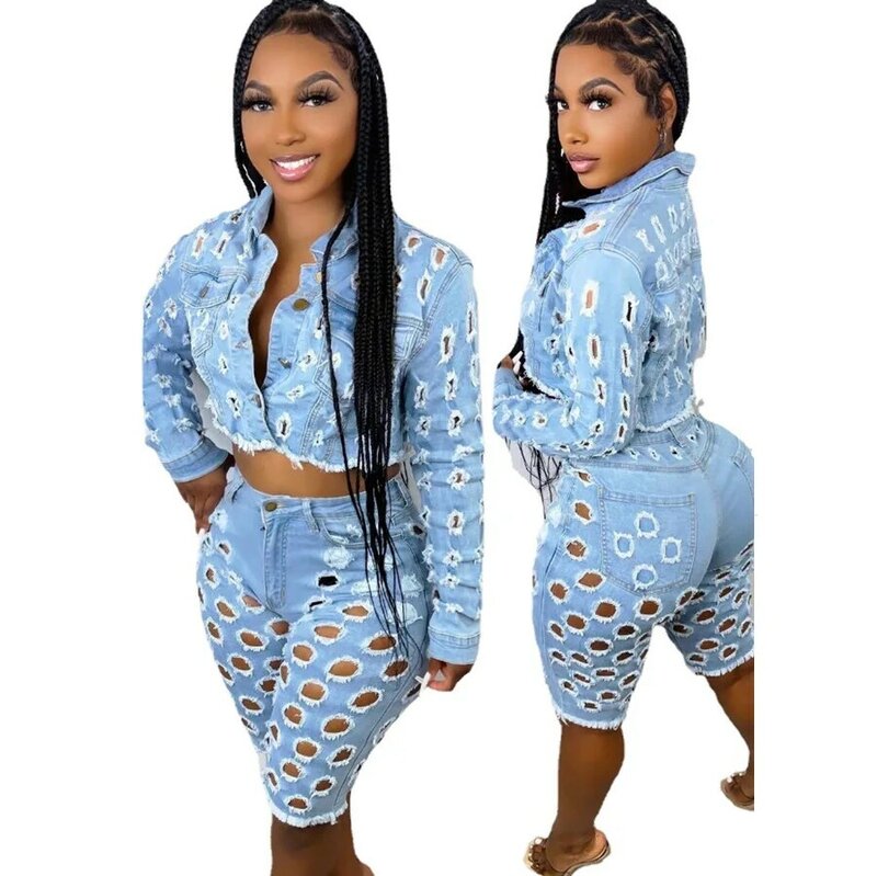 Elegant Jean Ripped Hole Women Two 2 Piece Set Outfit Sweatsuit 2022  New Jacket and Knee Length Jeans Matching Set Tracksuit