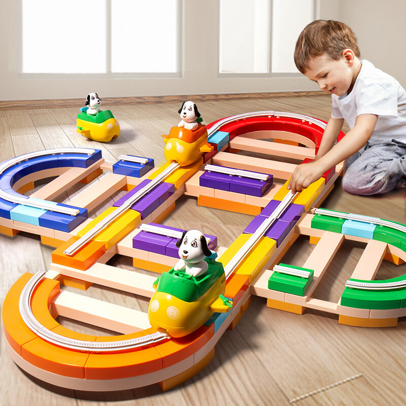 Kids Electric Sliding Rocket Train DIY Large Particles Building Blocks Track Car Children Track Educational for Toys Gifts