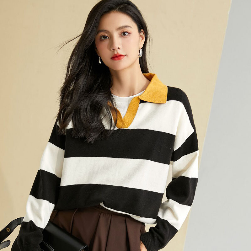 Wisher&Tong Women Sweaters Autumn Winter 2022 Long Sleeves Polo Knitted Striped Casual Loose Sweater Pullover Korean Style Tops