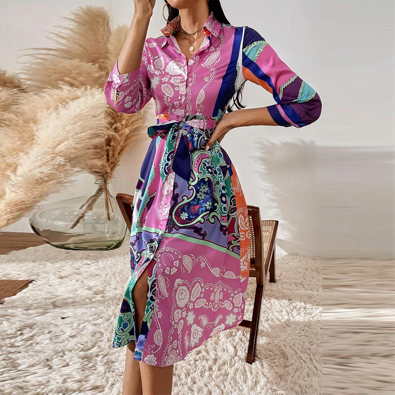 Женское свободное платье с цветочным принтом, Повседневное платье с отложным воротником и рукавом в семь точек, одежда для весны и осени 2022