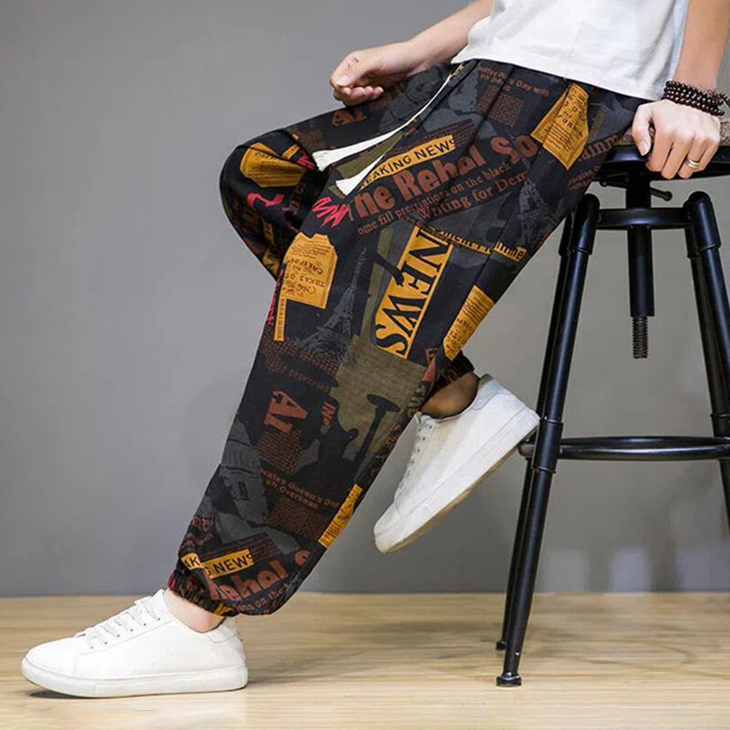 Мужские брюки в китайском стиле, повседневные брюки с широкими штанинами и принтом в уличном стиле, брендовые полукомбинезоны
