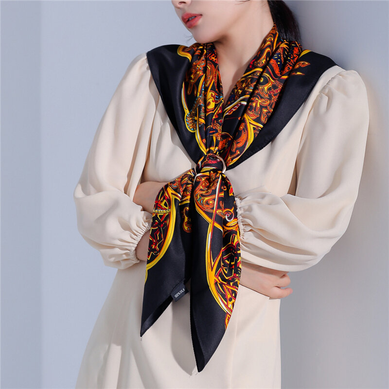 Foulard carré en sergé de soie pour femme, bandeau, Bandana, musulman, imprimé Floral, châle, 90x90cm