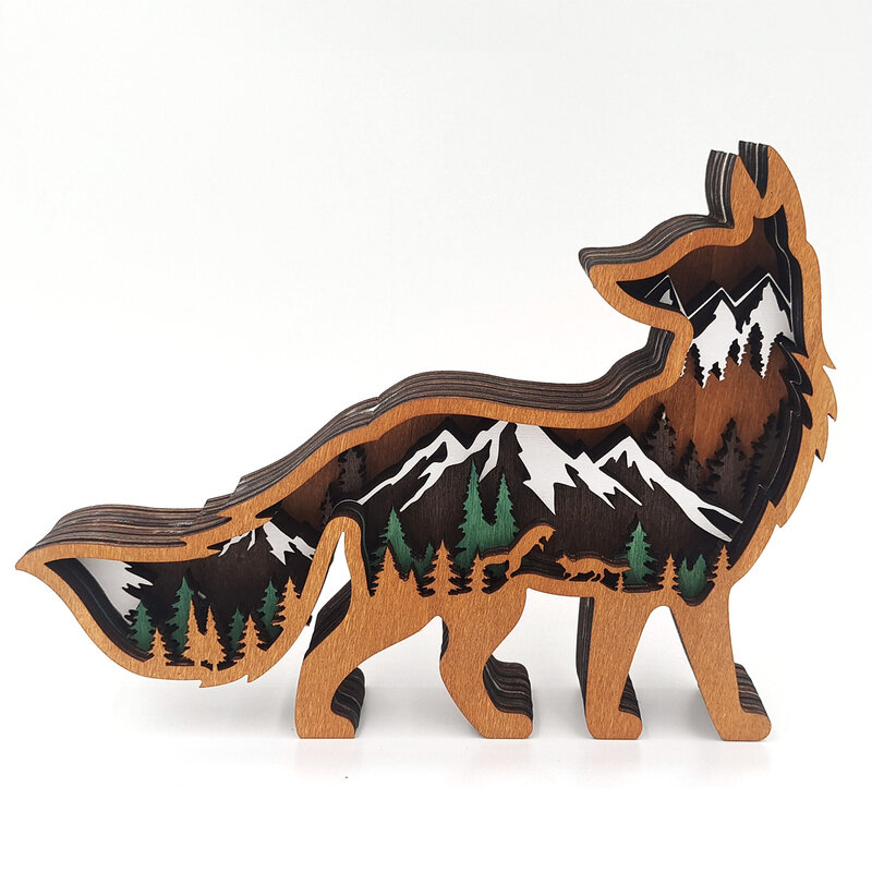 التماثيل الثعالب ثلاثية الأبعاد مع الضوء الخشبي الغابات الحيوانية النحت الفن الجوف سطح المكتب الحلي هدايا عيد الميلاد للمنزل مكتب