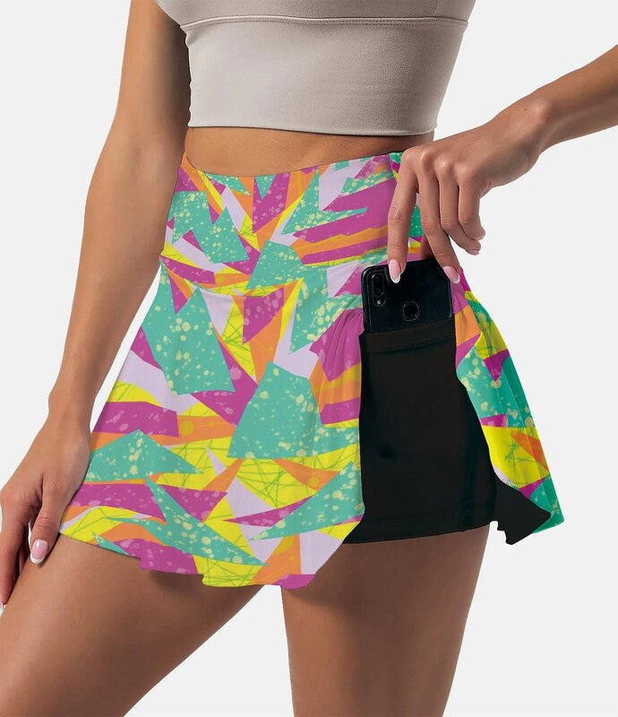 Women's High Waist Double-Layer Golf Pleated Skirt with 2 Pockets Tennis Skirts Anti-glare Yoga Skirt Badminton Daily Skirt