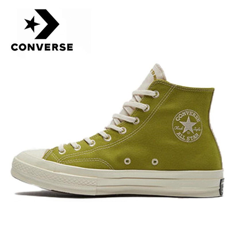 Converse Original All Star 1970S ชายและสตรี Unisex สเก็ตบอร์ดรองเท้าแฟชั่น High-Top แบนสีเขียวผ้าใบรองเท้า