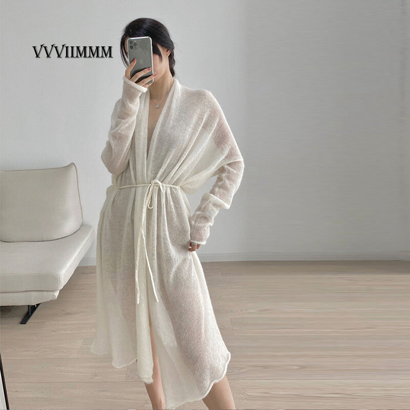 Pure White Mohair Loose Medium Length Light Knitted Lace Up Spring and Autumn Cardigan Coat Traf 2022 Y2k Poncho Korean Fashion