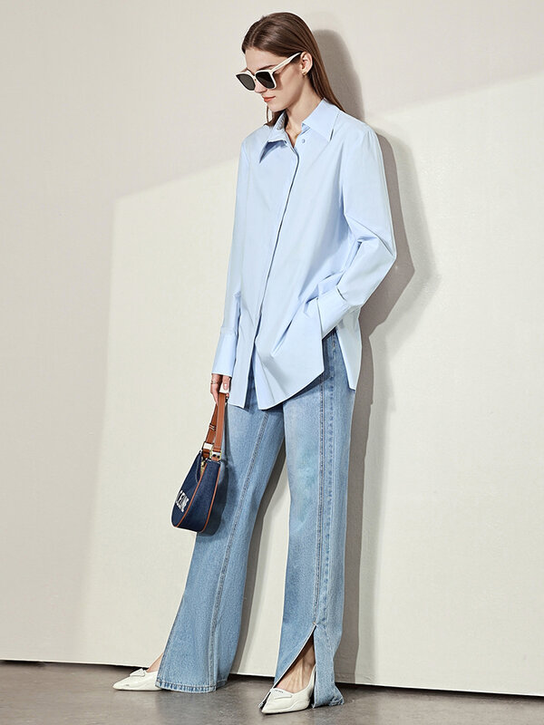 Blusa informal de manga larga para mujer, Camisa lisa minimalista de 100% algodón, Irregular, para oficina, Primavera
