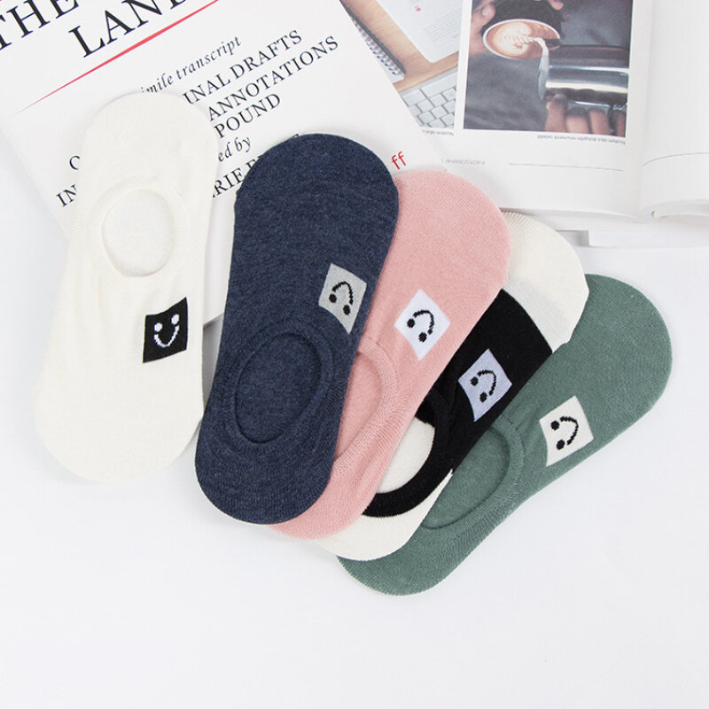 Spring Summer Female Socks New Japanese Lovely Personality Heel Embroidered Smiling Face Lovers Solid Cotton Ankle Kawaii Socks