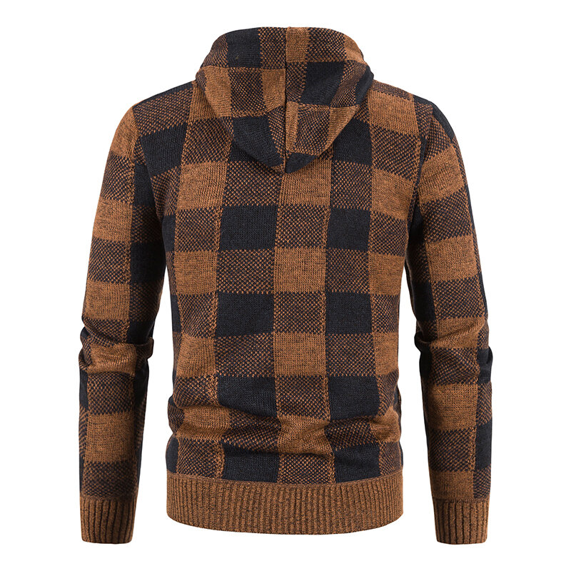 새로운 격자 무늬 후드 스웨터 남성용, 두껍고 따뜻한 양모 스웨터 지퍼 재킷, 패션 캐주얼 남성 의류