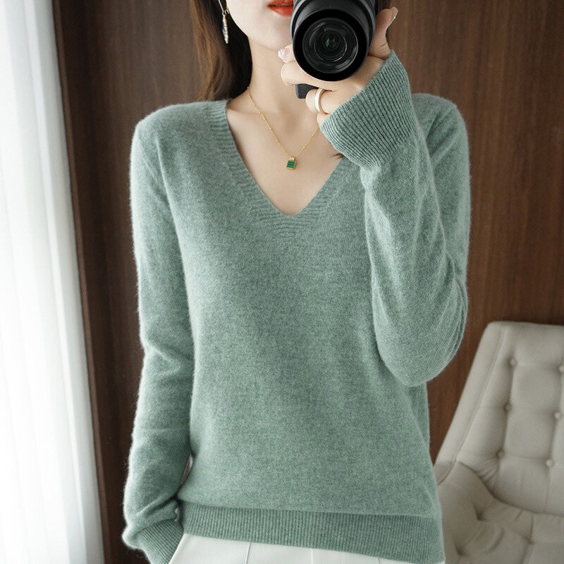 V-neck Pullover Sweater Women Short Loose Knit Sweater Spring Autumn Bottoming Shirt Long Sleeve Cashmere Lady Jumper Tops Soild