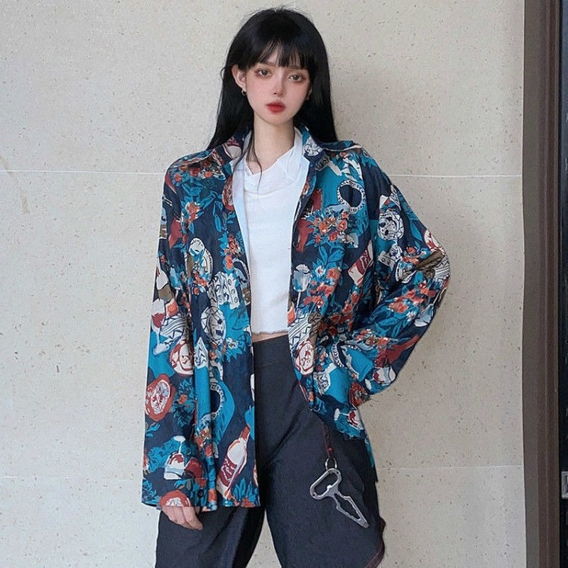 Deeptown-빈티지 하라주쿠 오버사이즈 여성 블라우스, 미적 스트리트웨어 일본 한국 패션 탑 긴팔 셔츠 시크 레트로