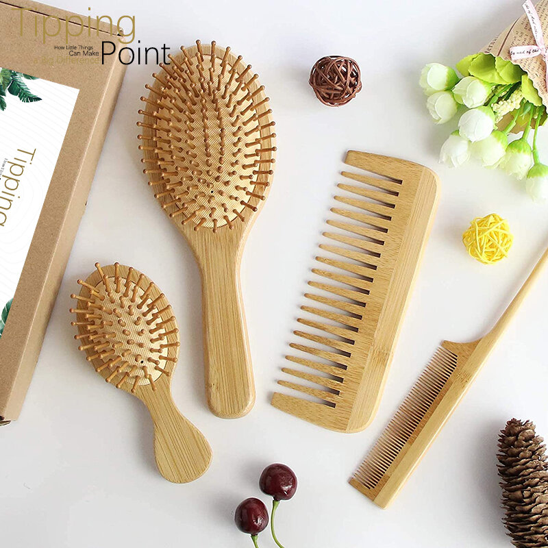 4 sztuk bambusa zestaw grzebieni natura drewniana szczoteczka antystatyczna szczotka do rozplątywania włosów kobiet masaż głowy szczotka do włosów grzebień do włosów lecznictwo zdrowy