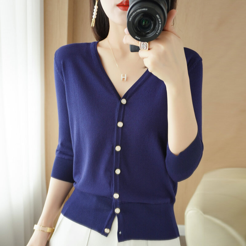 Veste Cardigan en tricot de soie pour femmes, ample à manches trois-quarts, col en v, T-Shirt Simple de haute qualité, mince, couleur unie, été 2022