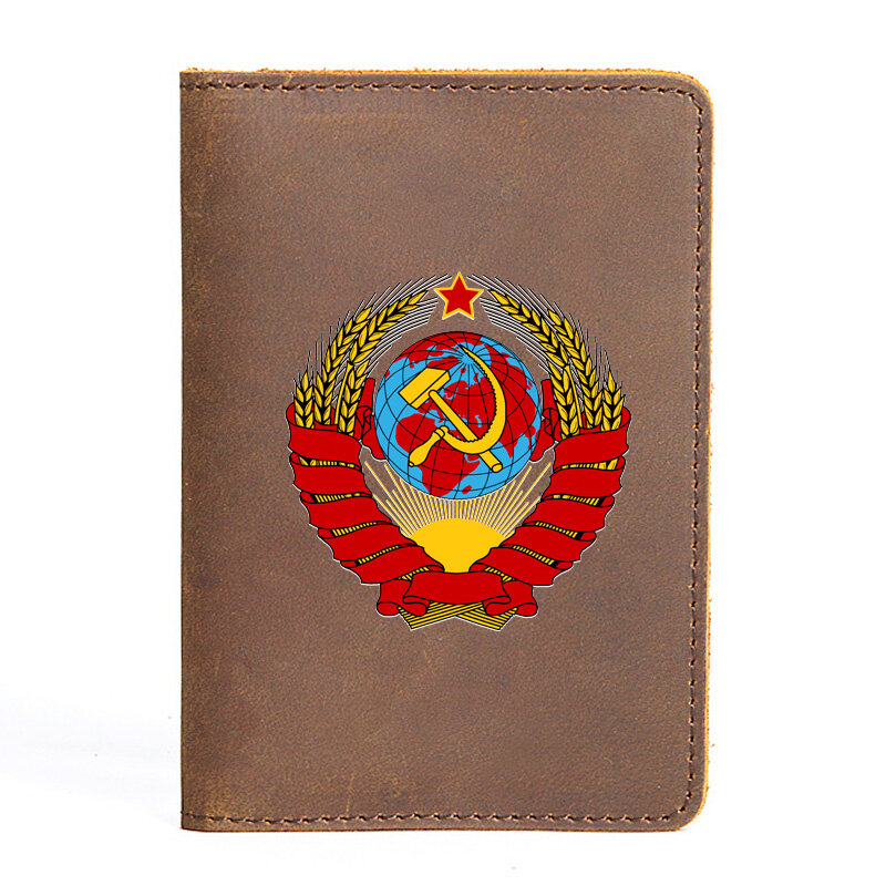 Genuine Leather Passport Cover Soviet Sickle Hammer Printing Vintage Men Women Slim ID Card Holder Pocket Case Travel Wallet