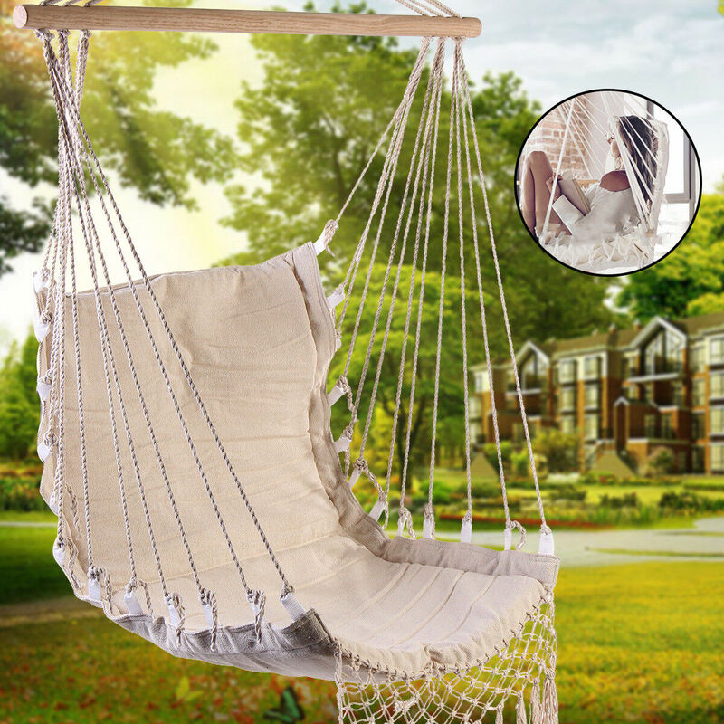 Suspensa de lona com corda de algodão, cadeira estilo árvore com borla, assento para áreas internas e externas, jardim, quarto, cadeira de segurança
