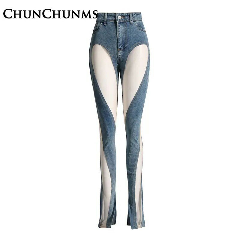 Sexy recorte irregular retalhos alargamento jeans mulher magro levantamento hip denim malha costura pant apertado oco rua y2k