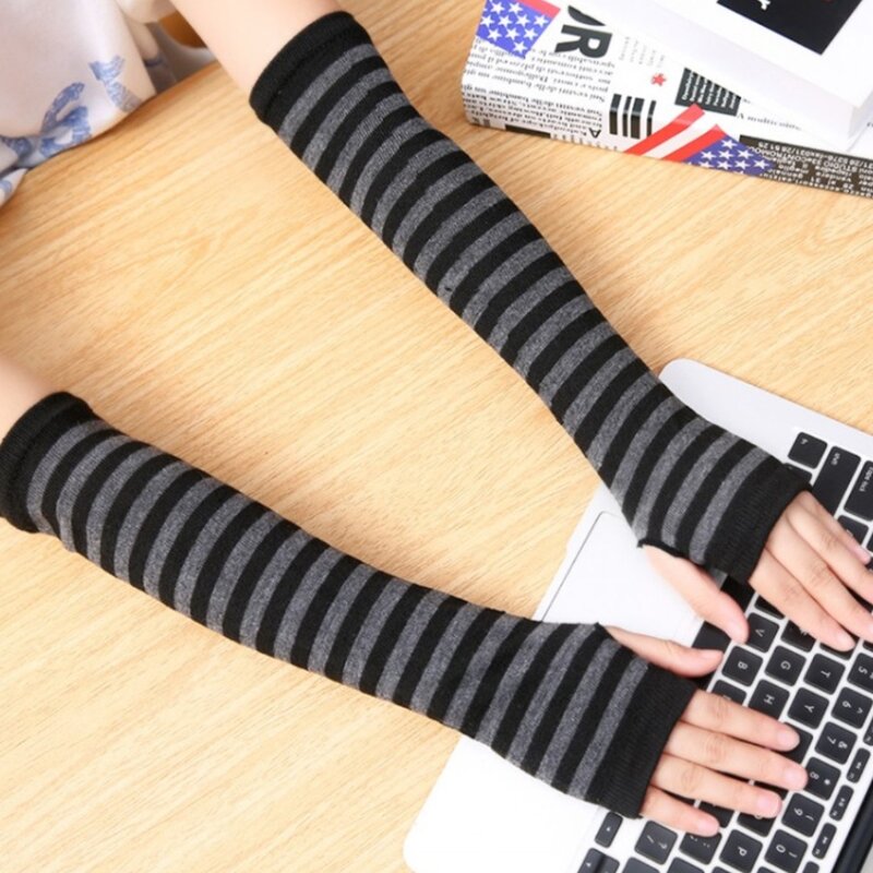 Women Girls Knitted Fingerless Long Gloves Stripes Printed Over Elbow Length Winter Stretchy Arm Warmer Sleeves with Thumb Hole