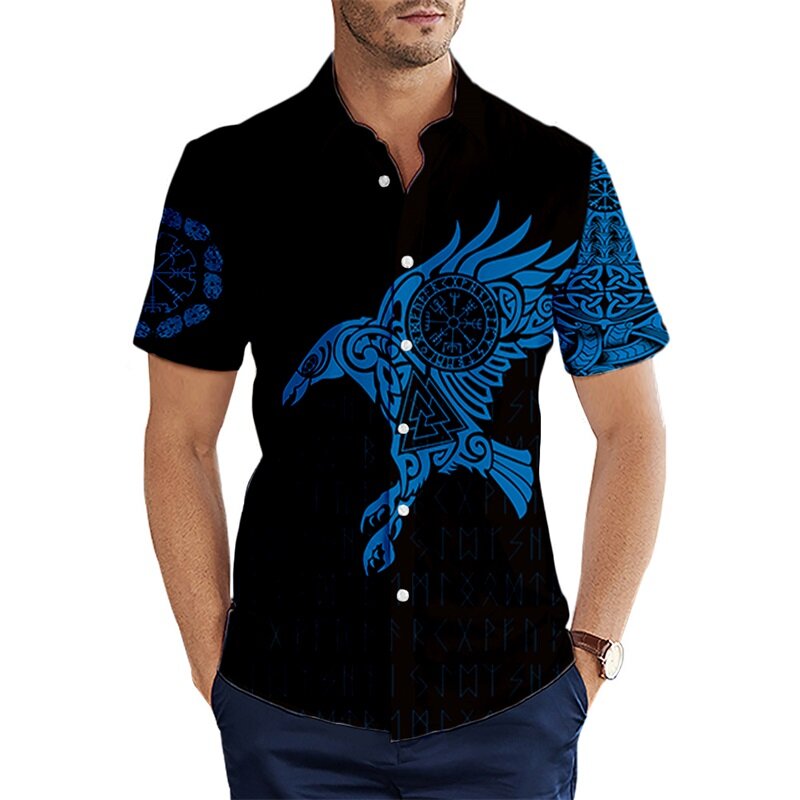 Camisas de manga corta con estampado 3D para hombre, camisa hawaiana con símbolo Vikingo, tatuaje, Cuervo, Harajuku, informal, ropa de marca, verano, 2021