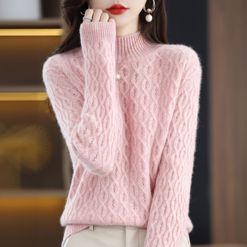 Suéter de lana de cuello alto para mujer, suéter grueso de Color liso, Top hueco que combina con todo, estilo Retro, Otoño e Invierno