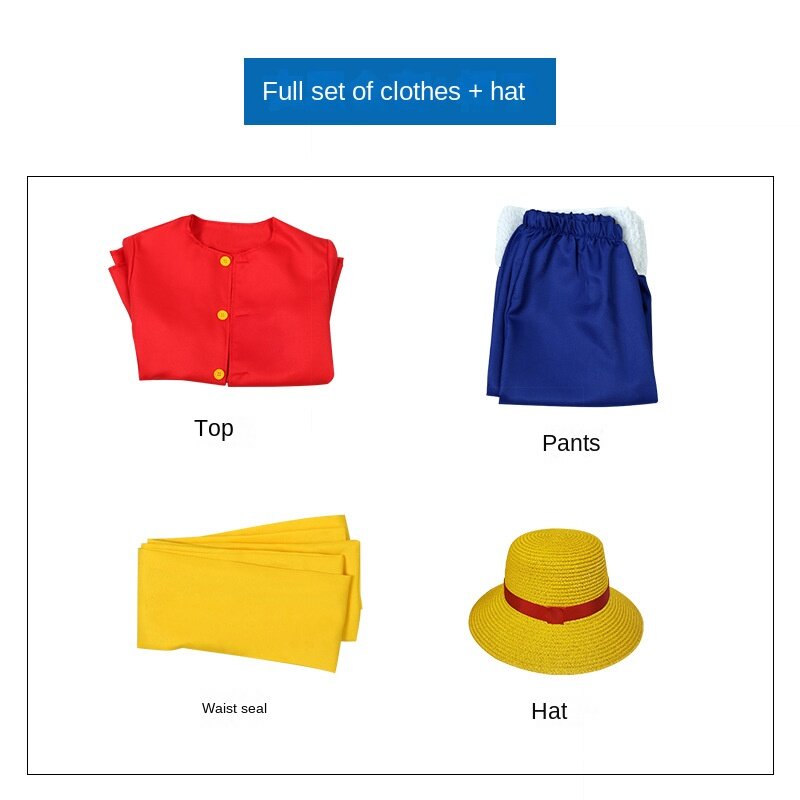 Monkey D. Luffy Anime Cosplay Costume Red Top Blue Pants Hat Girdle Man Woman Aldult Child Halloween Party Suit