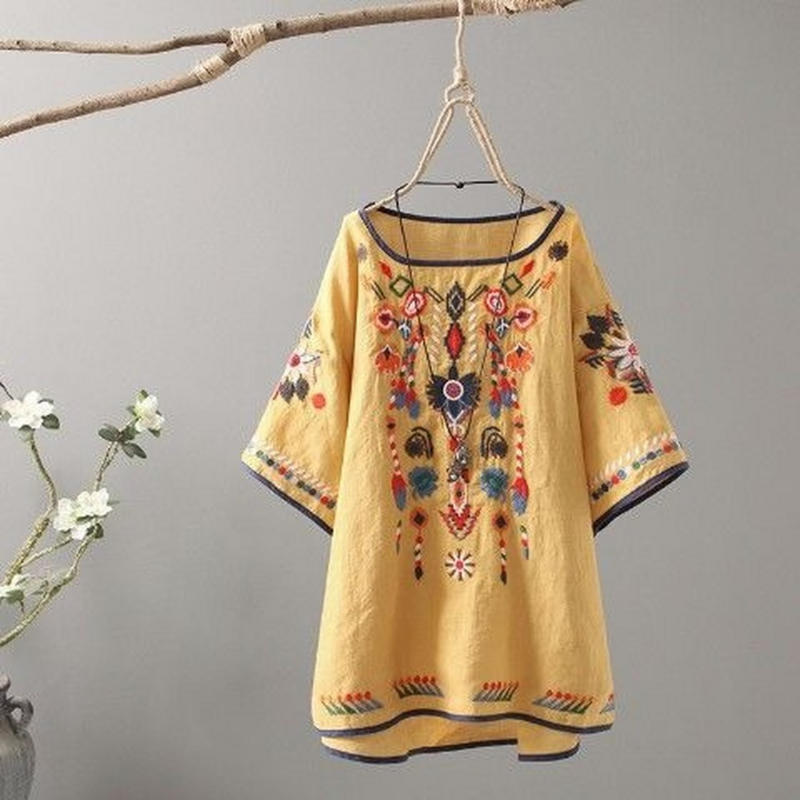 Retro Hemming Heavy Embroidery Short Sleeve Work Out Top Women's 2022 Summer Cotton Linen Loose Plus Size Blouse