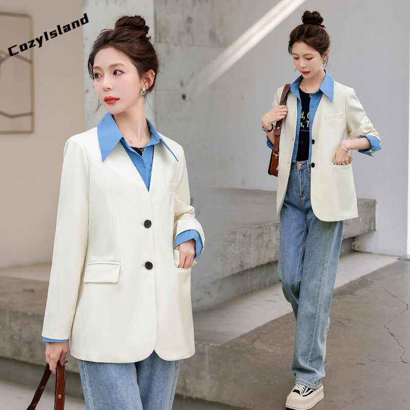 Chaqueta blanca falsa de dos piezas para mujer, trajes de primavera, abrigo negro, Blazers de Color contrastante, camisa de costura de estilo coreano, 2023