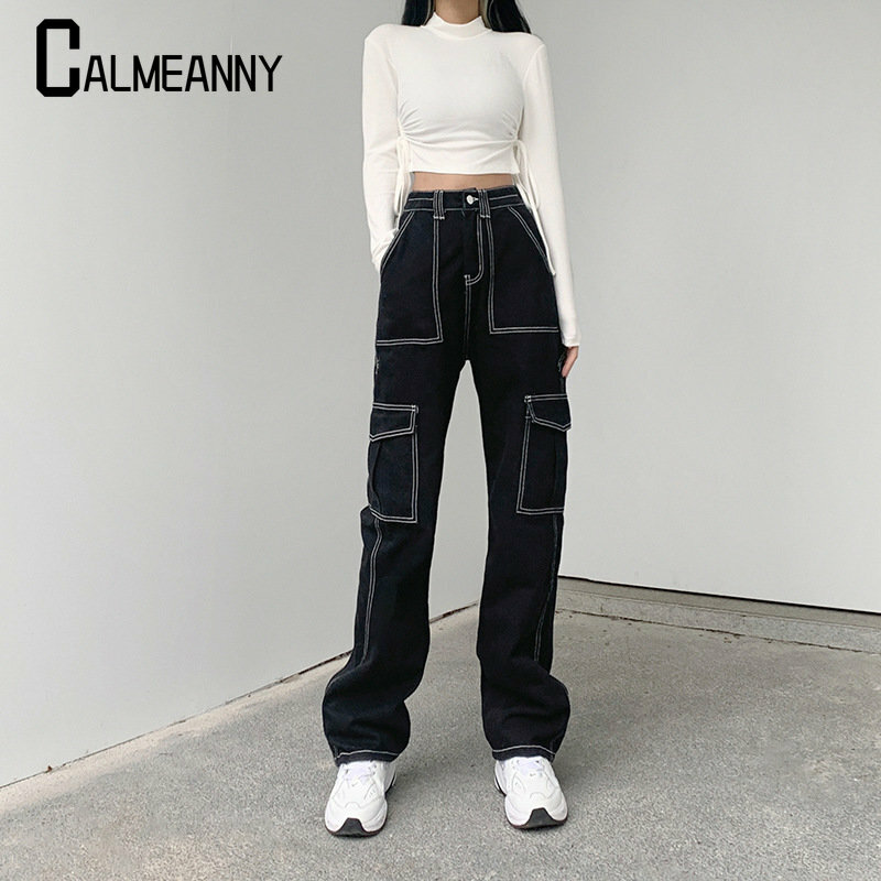 Primavera outono do vintage harajuku baggy jeanswomen moda streetwear bolsos ampla legcargo calças de cintura alta em linha reta denim