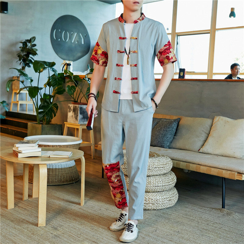 伝統的な中国風のメンズスーツ,レトロな漢服の衣装とパンツ,カンフーユニフォームセット,日本の着物コート,カジュアルなブラウスとパンツ