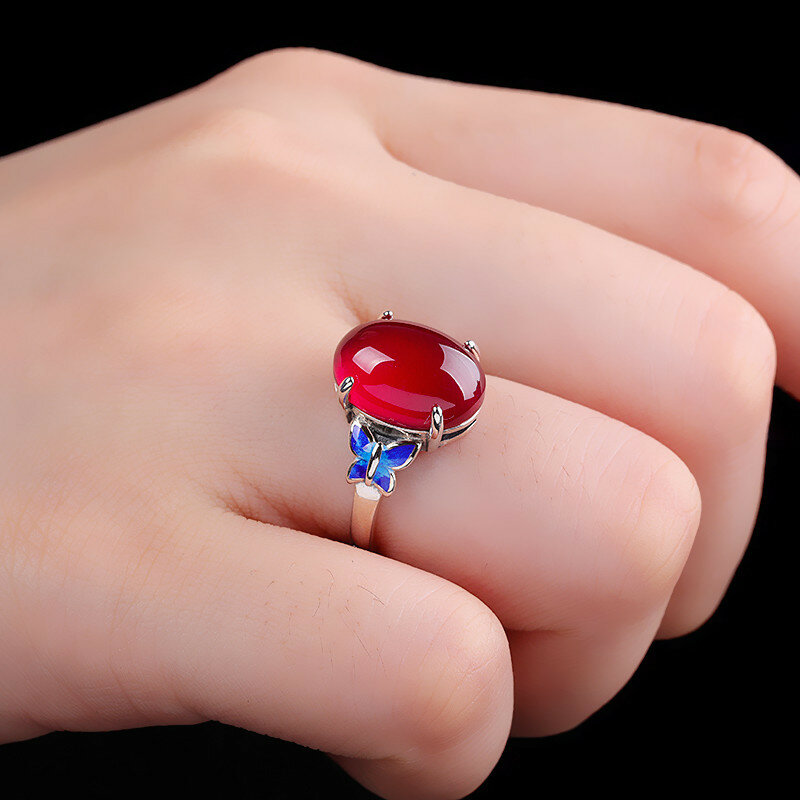 Engagement Emaille Rot Stein Ringe Für Frauen Designer Vintage S925 Silber Ring Mit Korund Synthetische Sonnenlicht Italien Gold Jewel