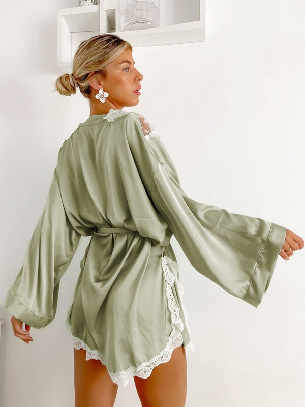 Hiloc laço splicing robes mulheres sexy roupões de banho com faixas baixo corte vestidos de dama de honra ver através solto manga longa pijama verde