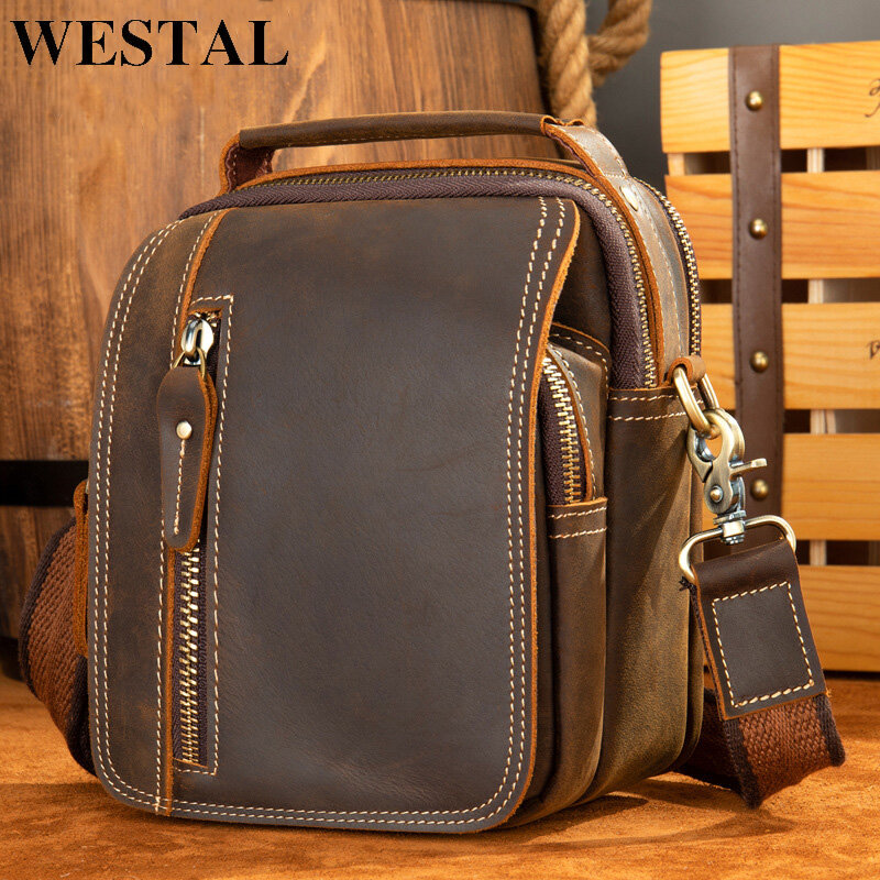 WESTAL – sac à bandoulière en cuir véritable pour homme, sacoche de taille, à main