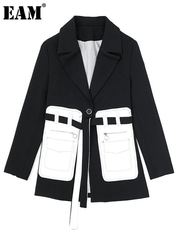 [EAM] 여성 블랙 포켓 분할 기질 블레이저 새로운 옷깃 긴 소매 느슨한 맞는 재킷 패션 봄 가을 2021 1S394