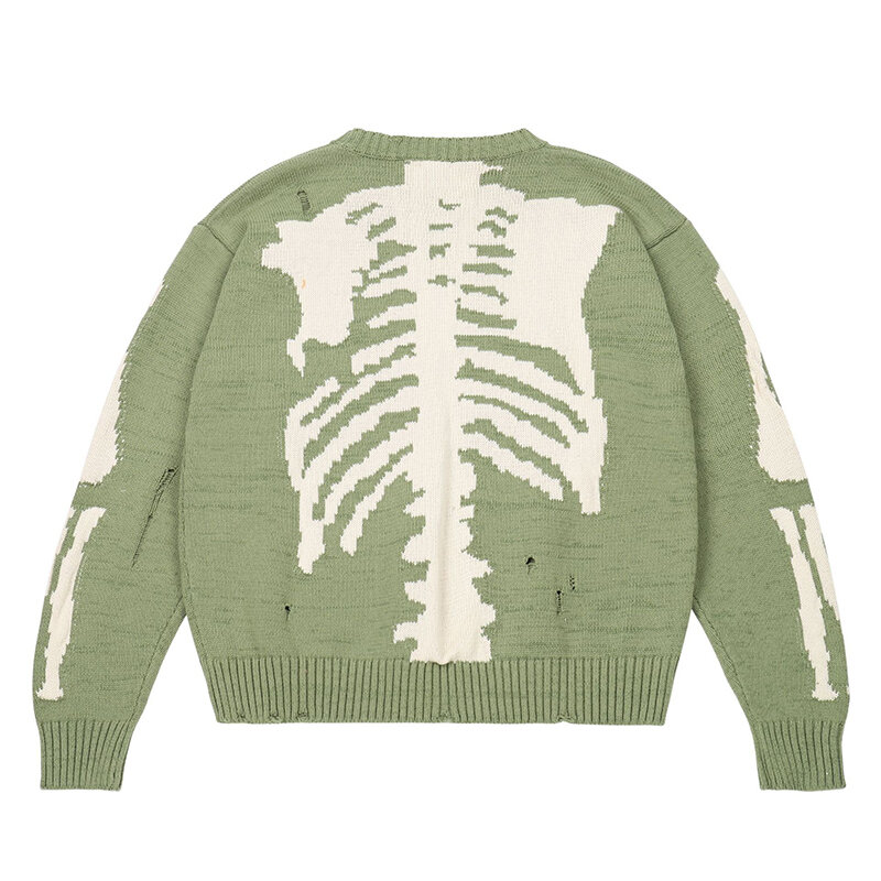 Mens Hip Hop Sweater Skeleton Bone Printing Oversized Woman High Quality Streetwear Damage Hole Vintage Punk 1:1Knitted Pullover