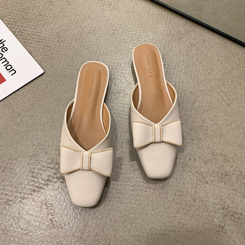 Women's Shoes Slippers Outdoor Wear Spring 2022 New Style Square Toe Fashion Rhinestone Bow Low-heeled Anti-skid Mules