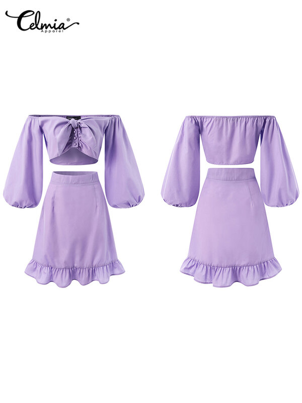 Celmia-Conjuntos de vestido de 2 piezas para mujer, Top corto con hombros descubiertos, manga farol y dobladillo con volantes, minifaldas, 2022