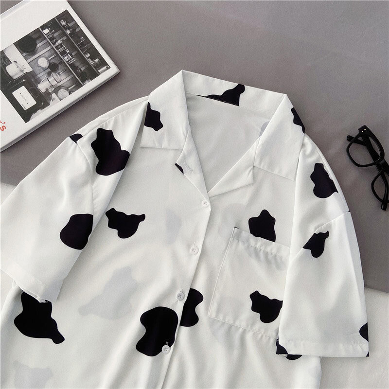 EBAIHUI 2021 Summer New Korean Black White Cow Print Casual Short Sleeve Shirt Harajuku Boyfriend Style Female Loose Blouse
