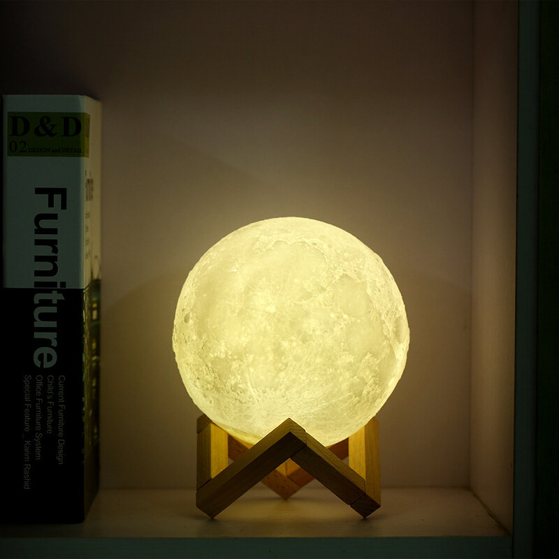 ثلاثية الأبعاد القمر على شكل مصباح 2 ألوان USB قابل لإعادة الشحن ليلة ضوء جميل حساس ضوء مع حامل خشبي لغرفة هدية الكريسماس